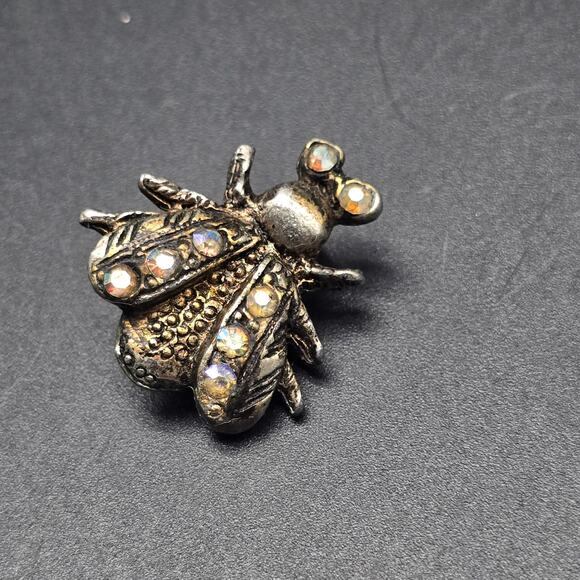 AJC Insect Fly Brooch Bronze Tone Aurora Borealis Rhinestone Vintage Bug Jewelry - Picture 3 of 7